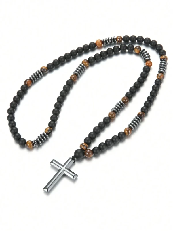 czarny naszyjnik męski z koralików z zawieszką krzyż stalowy (7).webp