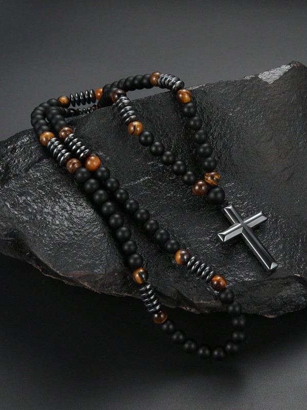 czarny naszyjnik męski z koralików z zawieszką krzyż stalowy (6).webp