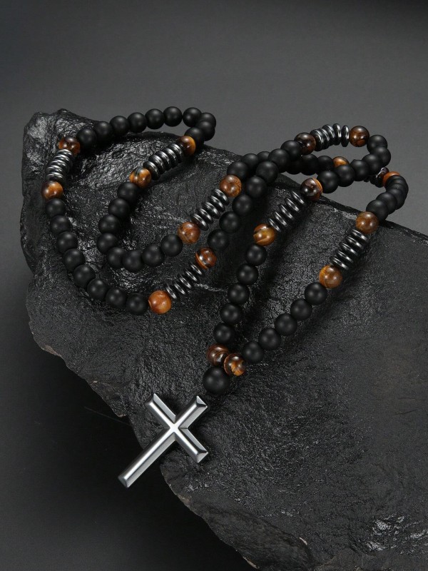 czarny naszyjnik męski z koralików z zawieszką krzyż stalowy (5).webp