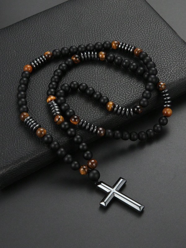 czarny naszyjnik męski z koralików z zawieszką krzyż stalowy (4).webp