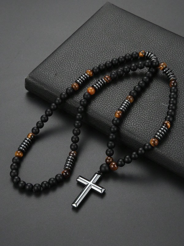 czarny naszyjnik męski z koralików z zawieszką krzyż stalowy (3).webp