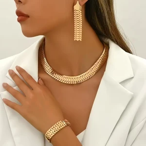 Zestaw Golden Chevron złoty naszyjnik, bransoletka i kolczyki
