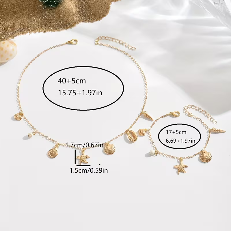 Zestaw Sea Charms Gold złoty naszyjnik i bransoletka z muszelkami i rozgwiazdami (4).webp